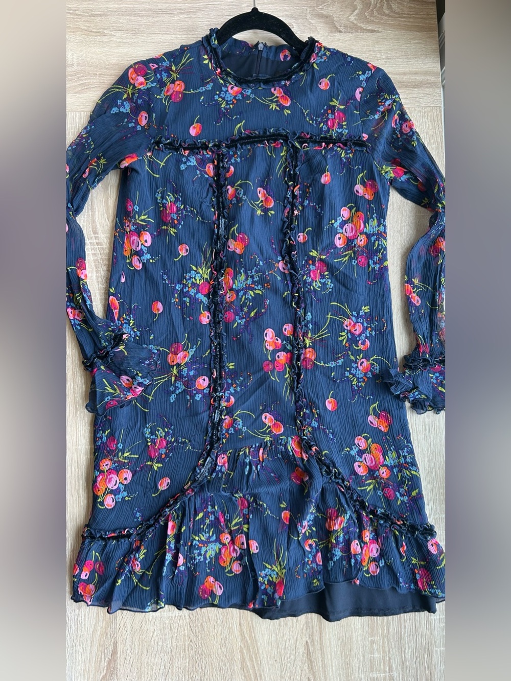 Anna Sui Navy Cherry Ruffle Long Sleeve Dress 2 Silk